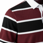Men's breathable striped pique cotton rugby polo shirt with white contrast collar and athletic slim fit.
