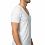 Close-up of a model wearing a premium men's deep V-neck cotton t-shirt in cream with a small black embroidered V-logo on the left chest.