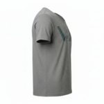 Front view of a VALE brand scoop neck t-shirt for men in grey, white, and blue colors featuring a green geometric logo.