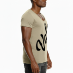 Man wearing a slim-fit Vale script V-neck t-shirt in dusty rose, charcoal grey, and sand beige colors.