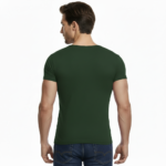 Man wearing VALE brand deep v-neck slim fit t-shirt with bold white vertical logo