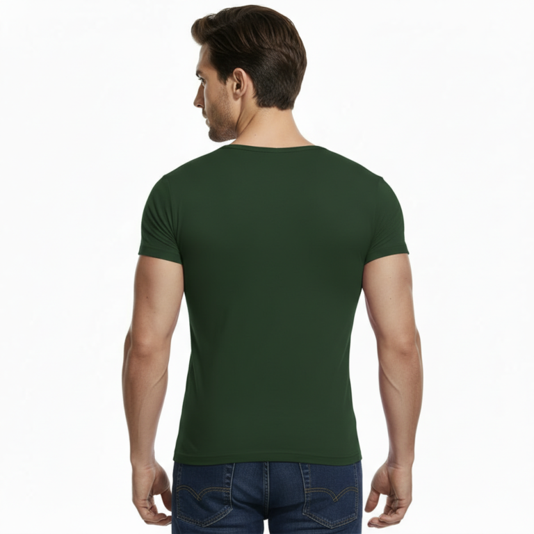 Man wearing VALE brand deep v-neck slim fit t-shirt with bold white vertical logo
