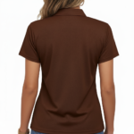 Woman wearing a VALE botanical cotton polo shirt with floral and moon phase graphic design in Earthy Brown, Forest Green, and Sand Beige colors.