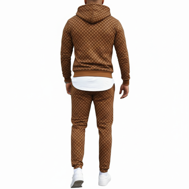 Men's designer wilderness-themed tracksuit set featuring a quarter-zip hoodie and cargo joggers with forest and deer landscape prints on breathable cotton.