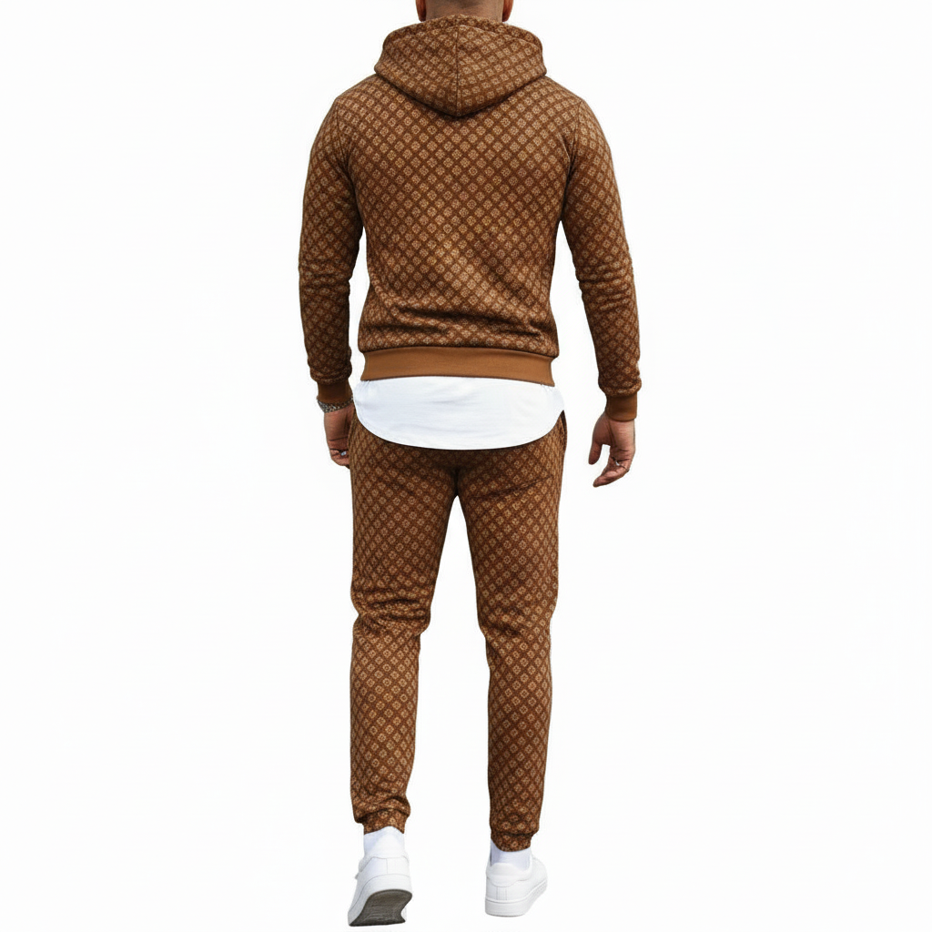 Men's designer wilderness-themed tracksuit set featuring a quarter-zip hoodie and cargo joggers with forest and deer landscape prints on breathable cotton.