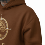 Men's oversized 2-piece tracksuit featuring a breathable cotton hoodie and joggers with gold VALE Tree of Life compass logo, available in Mocha Brown, Sand Beige, and Fuchsia Pink.