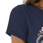Women's breathable 100% cotton T-shirt featuring "Vale" floral wreath lace design in Navy, Pink, and Brown colors.