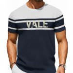Men's athletic slim fit breathable cotton t-shirt with VALE typography and horizontal color-block stripes