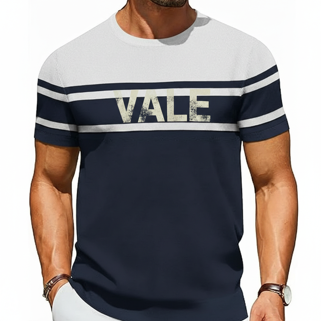 VALE Athletic Slim Fit Cotton T-Shirt Men's athletic slim fit breathable cotton t-shirt with VALE typography and horizontal color-block stripes