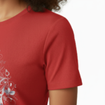 Women wearing a breathable cotton "VALE" floral graphic t-shirt in blue, grey, and red colors.