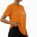 Woman wearing a "Vale" brand floral graphic t-shirt in breathable cotton, available in Forest Green, Olive, and Sand Beige colors.