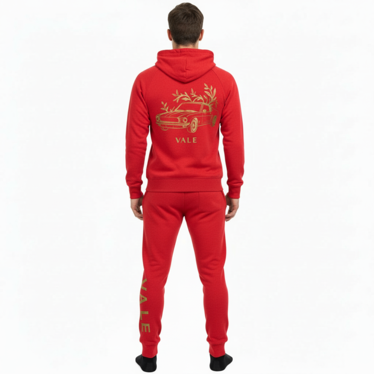 Rear and front view of a man wearing a VALE brand cotton tracksuit featuring a gold-foil vintage car and tree branch design on the back and vertical logo on the leg, shown on a white background.