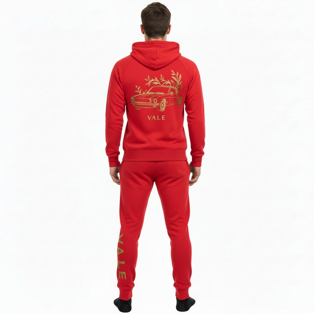 VALE Vintage Edition Cotton Tracksuit – Gold Graphic Zip-Up Hoodie & Joggers Luxury Set Rear and front view of a man wearing a VALE brand cotton tracksuit featuring a gold-foil vintage car and tree branch design on the back and vertical logo on the leg, shown on a white background.
