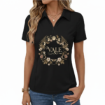 Women's quarter-zip cotton polo shirt featuring a VALE celestial moon and moth botanical wreath design in Forest Green, Black, and Rose.