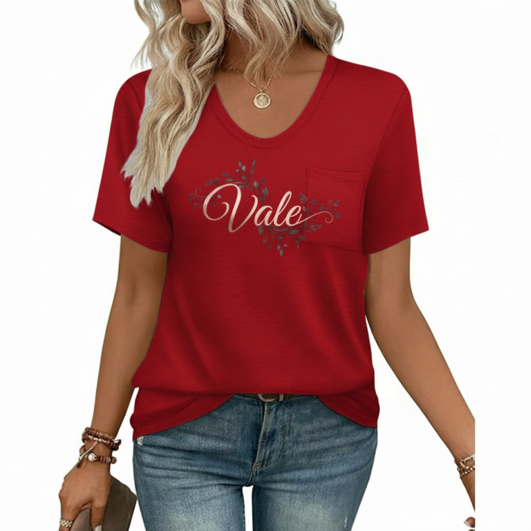 Woman wearing a "Vale" floral print V-neck cotton t-shirt with a chest pocket, available in blue, red, and grey.