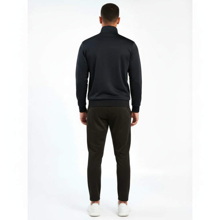 Side-by-side view of a male model wearing the VALE breathable cotton tracksuit in black, navy blue, and sand beige colors.