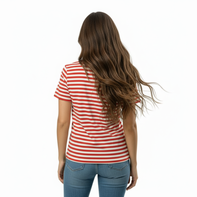 Woman wearing a breathable red and white striped cotton t-shirt with VALE embroidery and blue jeans, isolated on a white background. / Woman wearing an orange and white striped cotton crew neck t-shirt with VALE chest embroidery.