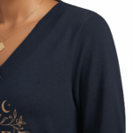 Close-up of a woman wearing a VALE brand long-sleeve V-neck cotton shirt featuring a gold celestial floral graphic design, available in black, navy, and burgundy.