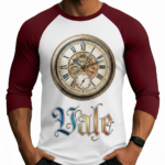 Close-up of a man wearing a breathable cotton raglan shirt featuring a vintage steampunk clockwork design and gothic 'Vale' text, athletic fit 3/4 sleeves.