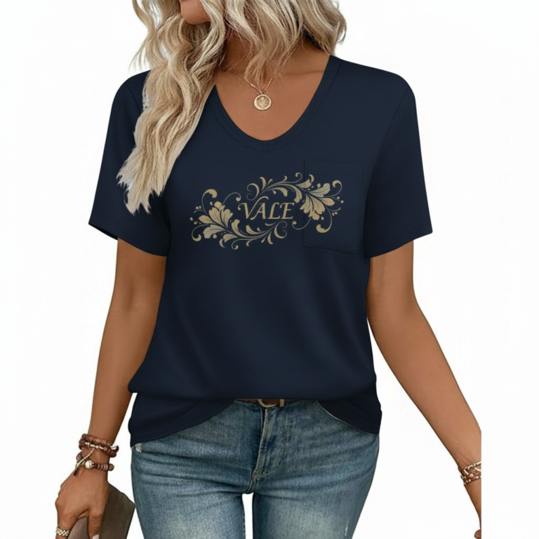 Close-up of a woman wearing a breathable cotton V-neck t-shirt featuring a gold floral "VALE" graphic and a small chest pocket, paired with blue jeans.