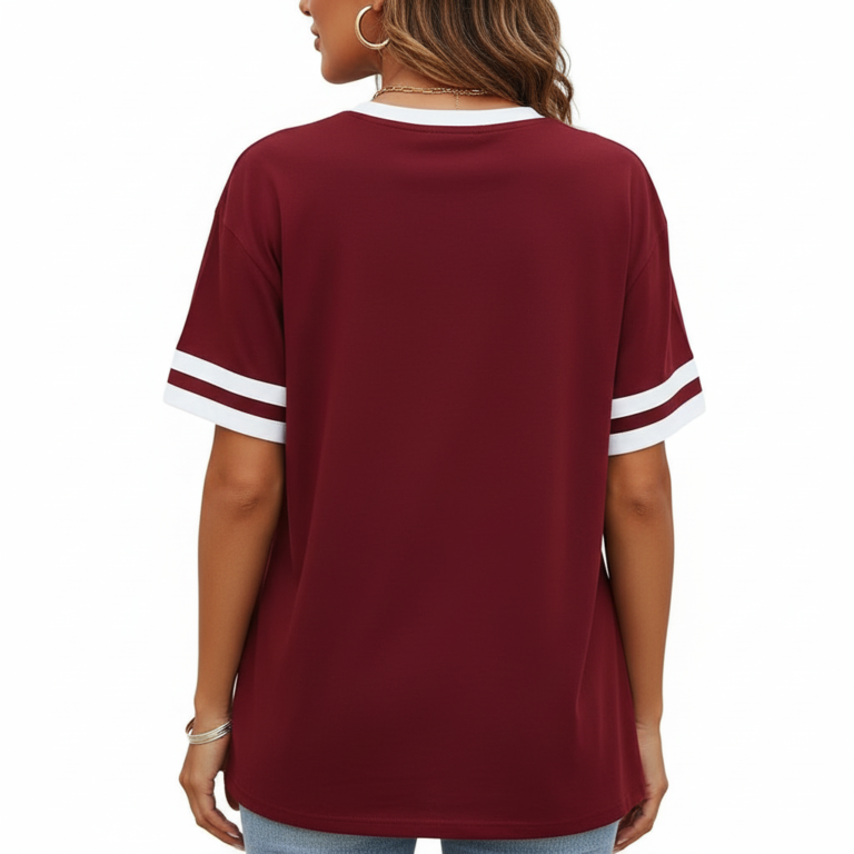 Woman wearing VALE graphic print ringer t-shirt in maroon, grey, and beige colors with varsity sleeve stripes.