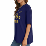 Woman wearing a breathable cotton oversized t-shirt with "Sunshine and Beach" yellow graphic print, available in navy blue, maroon, and red.
