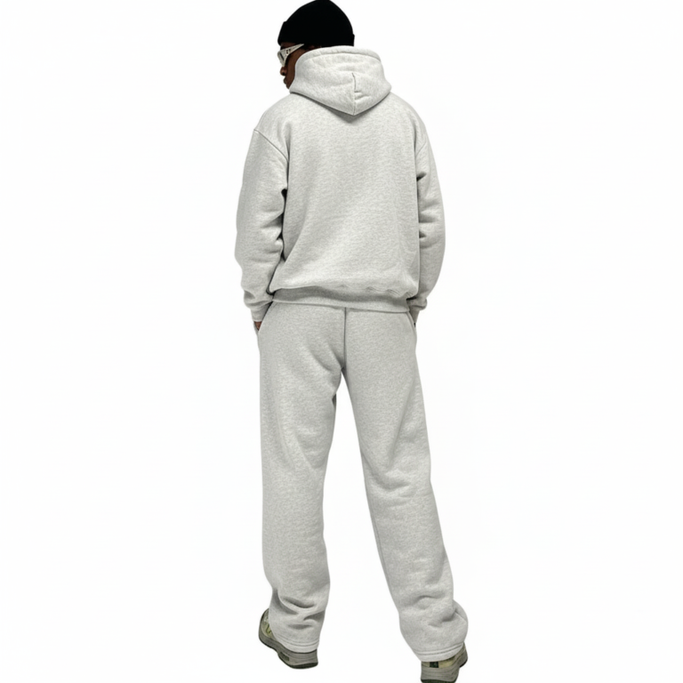 Men's 2-piece streetwear tracksuit set made of breathable cotton featuring white contrast piping, a split-tree graphic logo, and wide-leg joggers in Grey, Blue, and Purple colors.