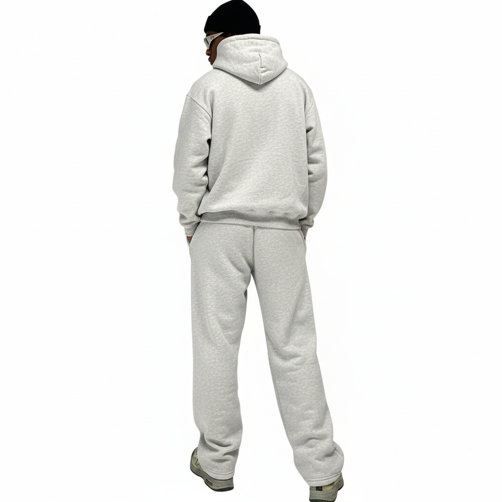Men's 2-piece streetwear tracksuit set made of breathable cotton featuring white contrast piping, a split-tree graphic logo, and wide-leg joggers in Grey, Blue, and Purple colors.