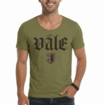 Men's Vale Gothic graphic t-shirt in breathable cotton, featuring a shield and key emblem, available in Olive, Orange, and Beige.