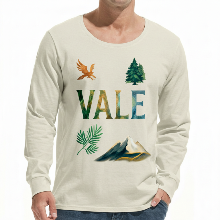 A man wearing a long-sleeve cotton shirt with a "VALE" nature graphic featuring a mountain, eagle, and tree, available in cream, black, and chocolate brown.