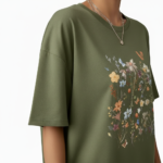 Front view of a woman wearing an oversized breathable cotton t-shirt with a vintage wildflower graphic print, available in blue, green, and orange.