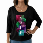 Front view of a woman wearing a breathable cotton 3/4 sleeve shirt with a "VALE" artistic watercolor geometric graphic design, available in maroon, black, and blue.