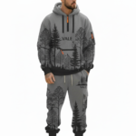 Men's designer breathable cotton tracksuit set featuring a full-zip hooded sweatshirt and matching joggers with an all-over geometric pattern and "VALE" branding