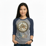 Young woman wearing a Vale Steampunk Clockwork graphic raglan shirt in 3/4 sleeves, made of breathable cotton, available in maroon, grey, and navy colorways.