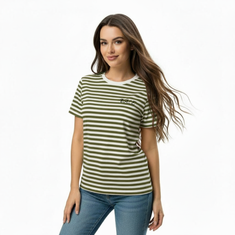 Woman wearing a breathable red and white striped cotton t-shirt with VALE embroidery and blue jeans, isolated on a white background. / Woman wearing an orange and white striped cotton crew neck t-shirt with VALE chest embroidery.