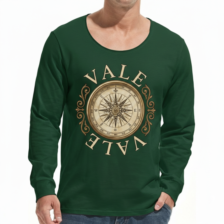 "Man wearing a VALE brand long sleeve cotton shirt featuring a vintage gold nautical compass graphic on the chest, available in black, forest green, and burgundy."