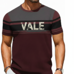 Men's athletic slim fit breathable cotton t-shirt with VALE typography and horizontal color-block stripes