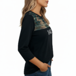 Women's breathable cotton 3/4 sleeve shirt with VALÉ print and bohemian lace mesh yoke design, available in black, maroon, and red.