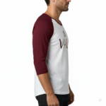 Men's VALE brand 3/4 sleeve raglan cotton shirt featuring metallic chest logo and sleeve detail in Maroon, Navy, and Black.