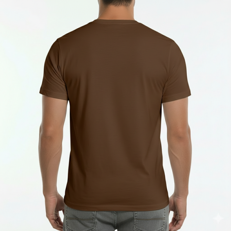 Front view of a man wearing a breathable cotton slim-fit t-shirt with a small white minimalist V-logo on the chest, available in navy, brown, and olive.