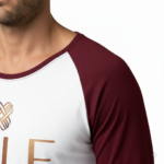 Men's VALE brand 3/4 sleeve raglan cotton shirt featuring metallic chest logo and sleeve detail in Maroon, Navy, and Black.