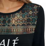 Women's breathable cotton 3/4 sleeve shirt with VALÉ print and bohemian lace mesh yoke design, available in black, maroon, and red.