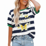 Women's striped cotton t-shirt with yellow butterfly graphic and green ringer neck, breathable summer casual wear.