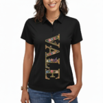 Front view of a woman wearing a slim-fit pique cotton polo shirt featuring a vertical "VALE" floral graphic design, available in red, yellow, and black.