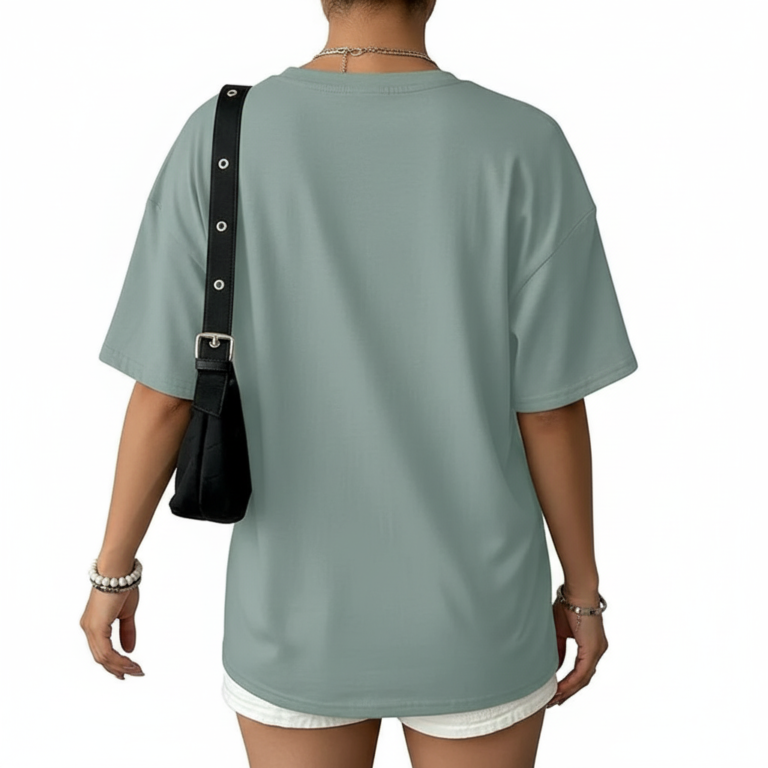 Women's oversized breathable cotton t-shirt featuring a vintage daisy floral print in sage green, brown, and red colors.