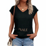 Woman wearing a VALE branded breathable cotton V-neck t-shirt in [Insert Color: Blue/Black/Orange], paired with denim jeans, showcasing a casual summer outfit.