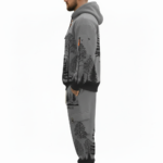 Men's designer breathable cotton tracksuit set featuring a full-zip hooded sweatshirt and matching joggers with an all-over geometric pattern and "VALE" branding