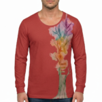 A man wearing a long-sleeved cotton shirt featuring a vertical watercolor tree design with the word "VALE" hidden in the trunk and branches.