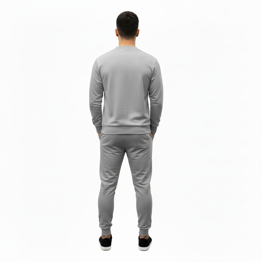 Full-body studio mockup of a man wearing a VALE brand breathable cotton tracksuit featuring a hand-passing-a-key graphic and ink-splatter design, available in grey, brown, and white-black contrast.