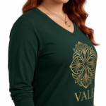 Women's VALE long sleeve V-neck cotton shirt with gold mandala floral print in green, brown, and black colors.